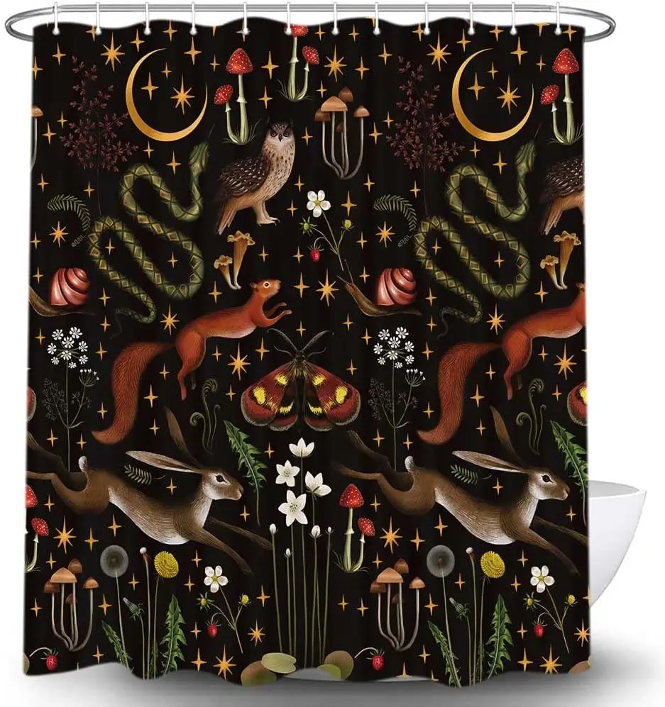 Fairy Village Forest Shower Curtain, Woodland Wildlife Butterfly Mushroom Hunting Shower Curtain, Shower Curtain with Hooks