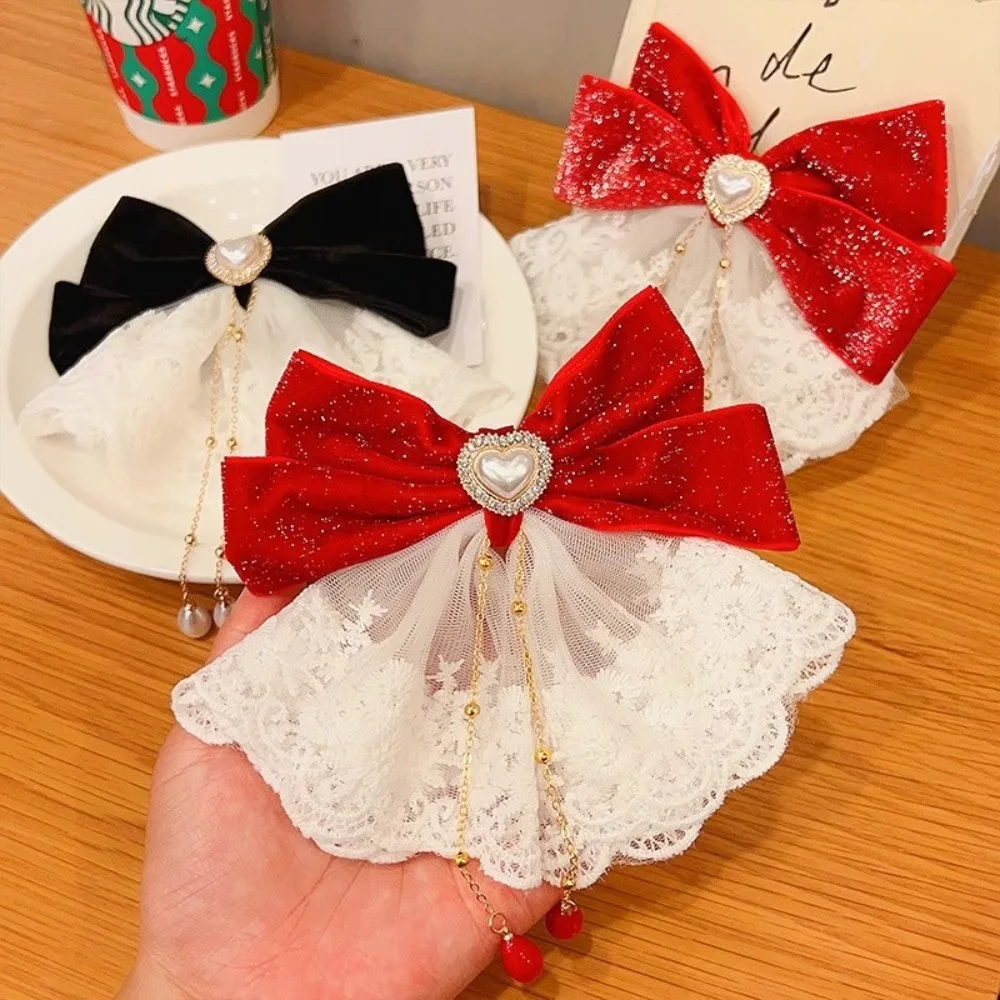 

1pc Bow Hair Clips Glittery Fabric Heart Accents Chain Tassels Sweet Lolita Feminine Design Perfect Hairstyles Elegant Romantic