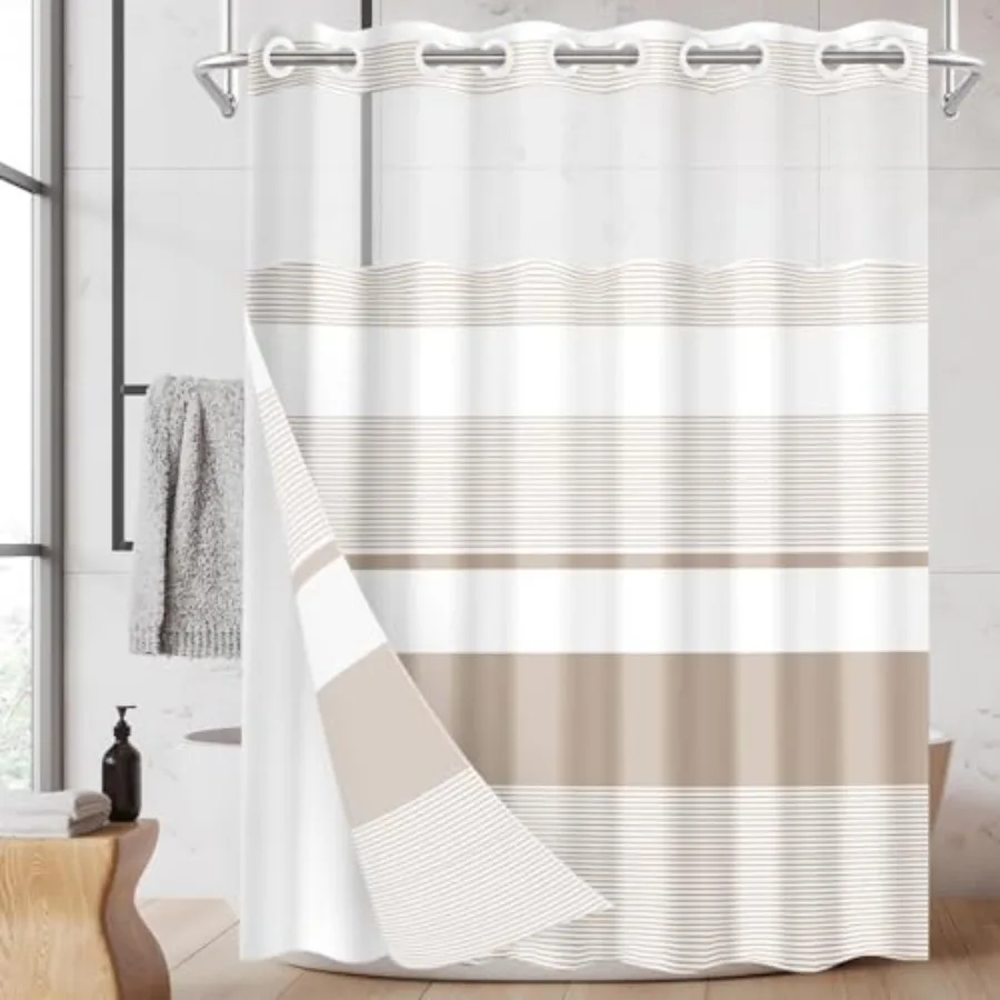 

No Hook Beige Shower Curtain with Snap in Fabric Liner Set Boho Striped Modern Double Layers Waterproof Fabric with See Through