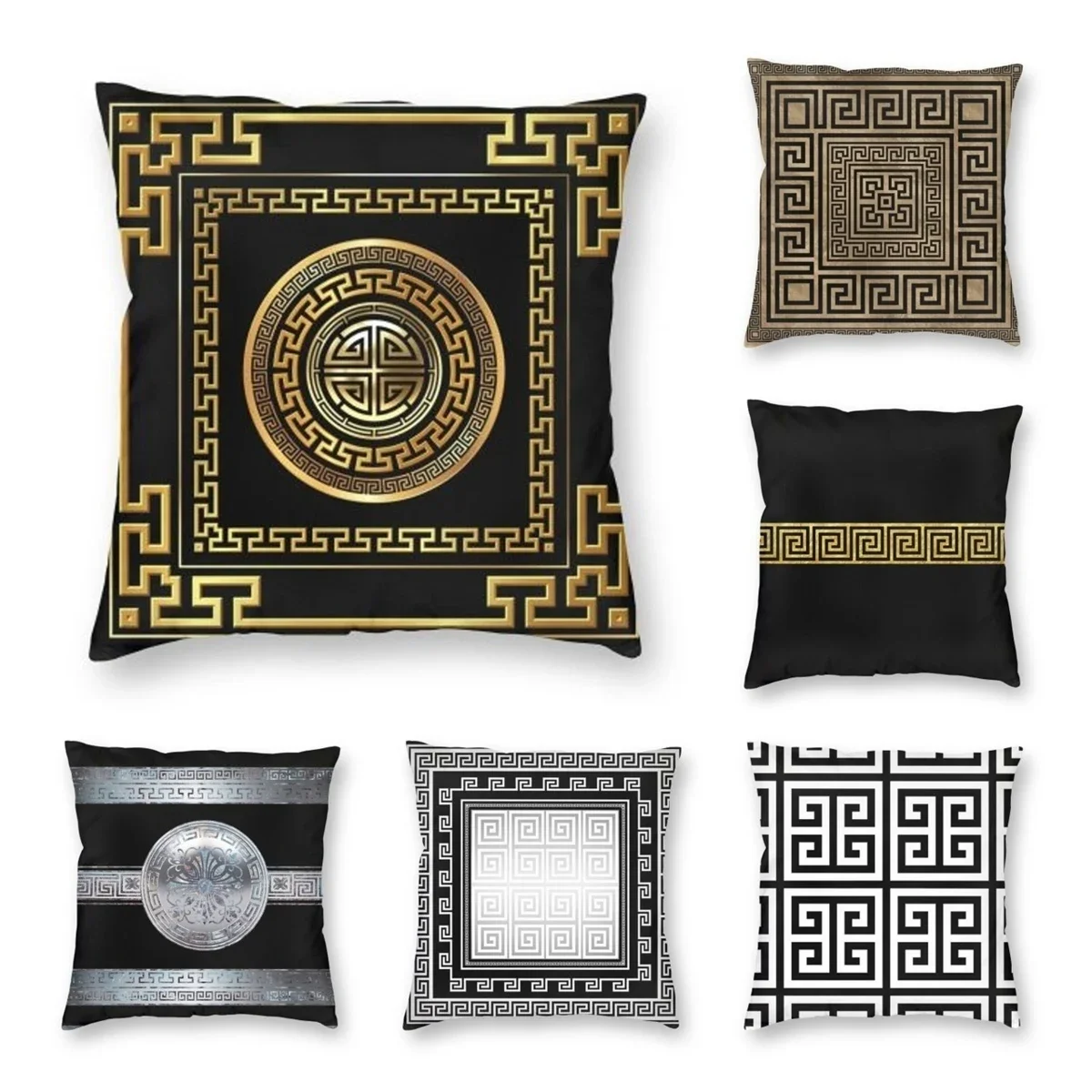 Greek Key Meander Black Gold Large Pillowcase Soft Cushion Cover Decoration Throw Pillow Case Cover Home Square 45X45cm