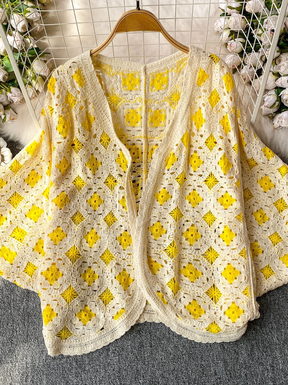 كارديجان مفتوح برقبة على شكل V، ملابس خارجية محبوكة للنساء، فضفاضة وأنيقة لفصلي الربيع والخريف، بأكمام خفاشية للحماية من الشمس #1