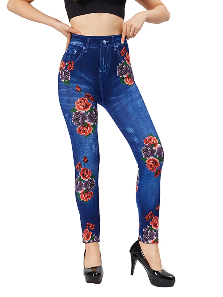 CUHAKCI Women Rose Print Elastic Blue Jeggings Fake Pocket Casual Workout Yoga Leggings Slim Fit Faux Denim Female Pencil Pants