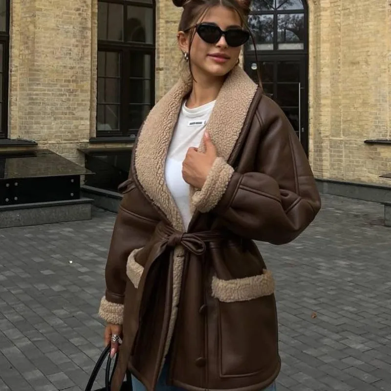 

Fashion Warm Furry Leather Woman Jacket with Belt Chic Lapel Long Sleeve Motorcycle Coat Lady 2025 Winter High Street Outerwear