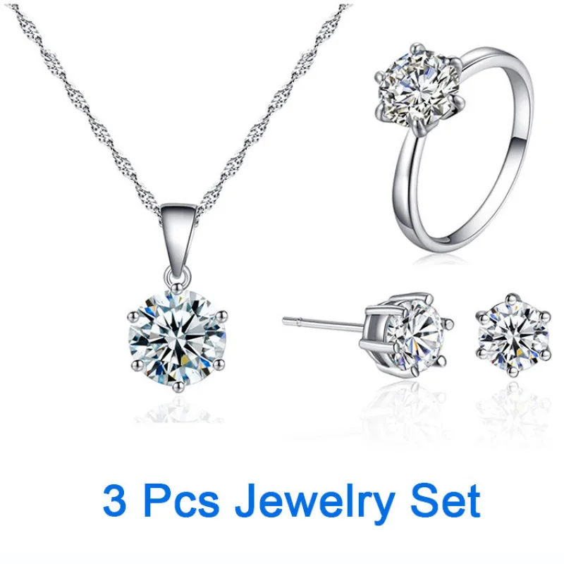 Simple six-claw zircon set earrings necklace ring three-piece set small fresh jewelry set