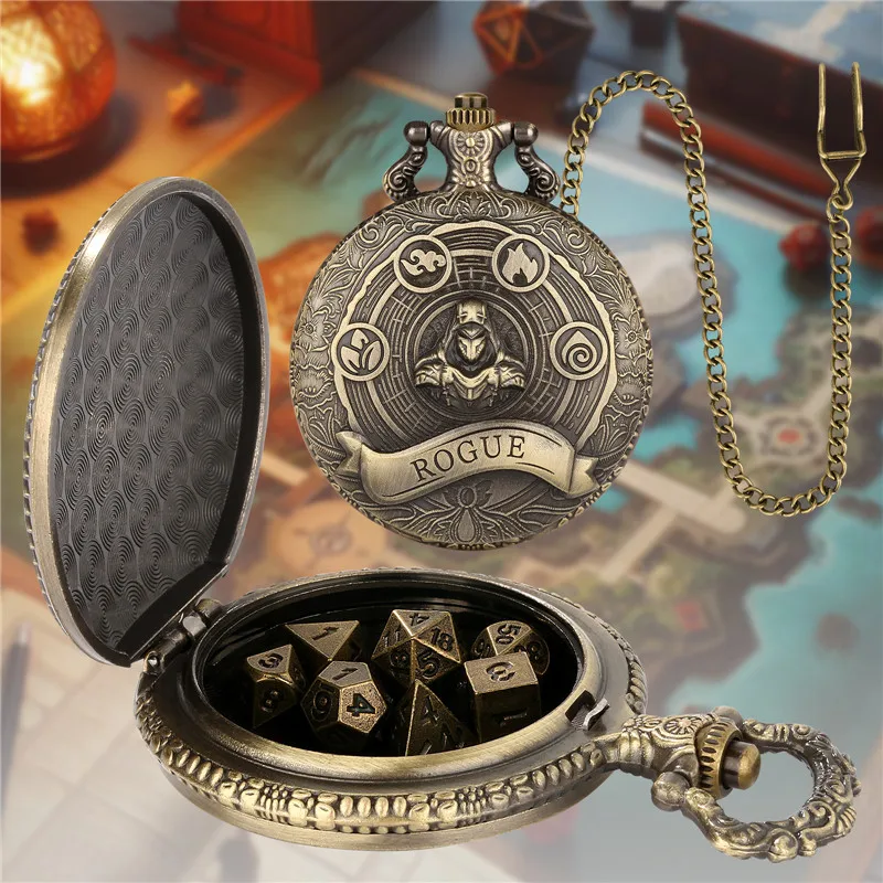 Steampunk 7 X Metal Polyhedral Dice with Bronze Pocket Watch Case Dragon Role Play Game Dices Pendant Chain