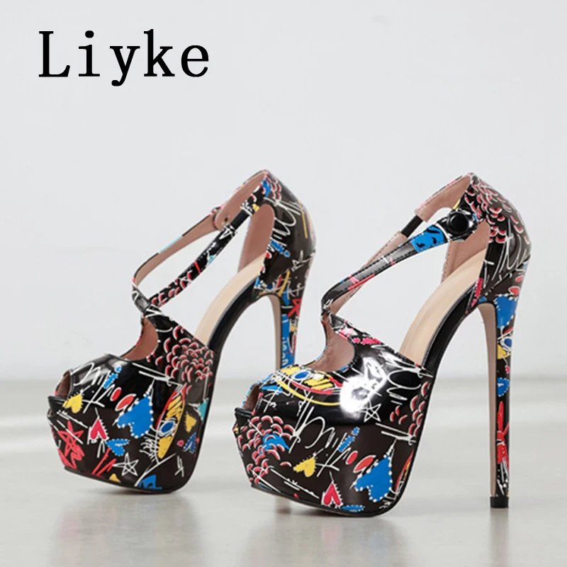 Liyke Sexy Peep Toe Super High Heels For Ladies Chic Buckle Strap Fashion Hand-Painted Leather Platform Shoes Women Pumps Sandal