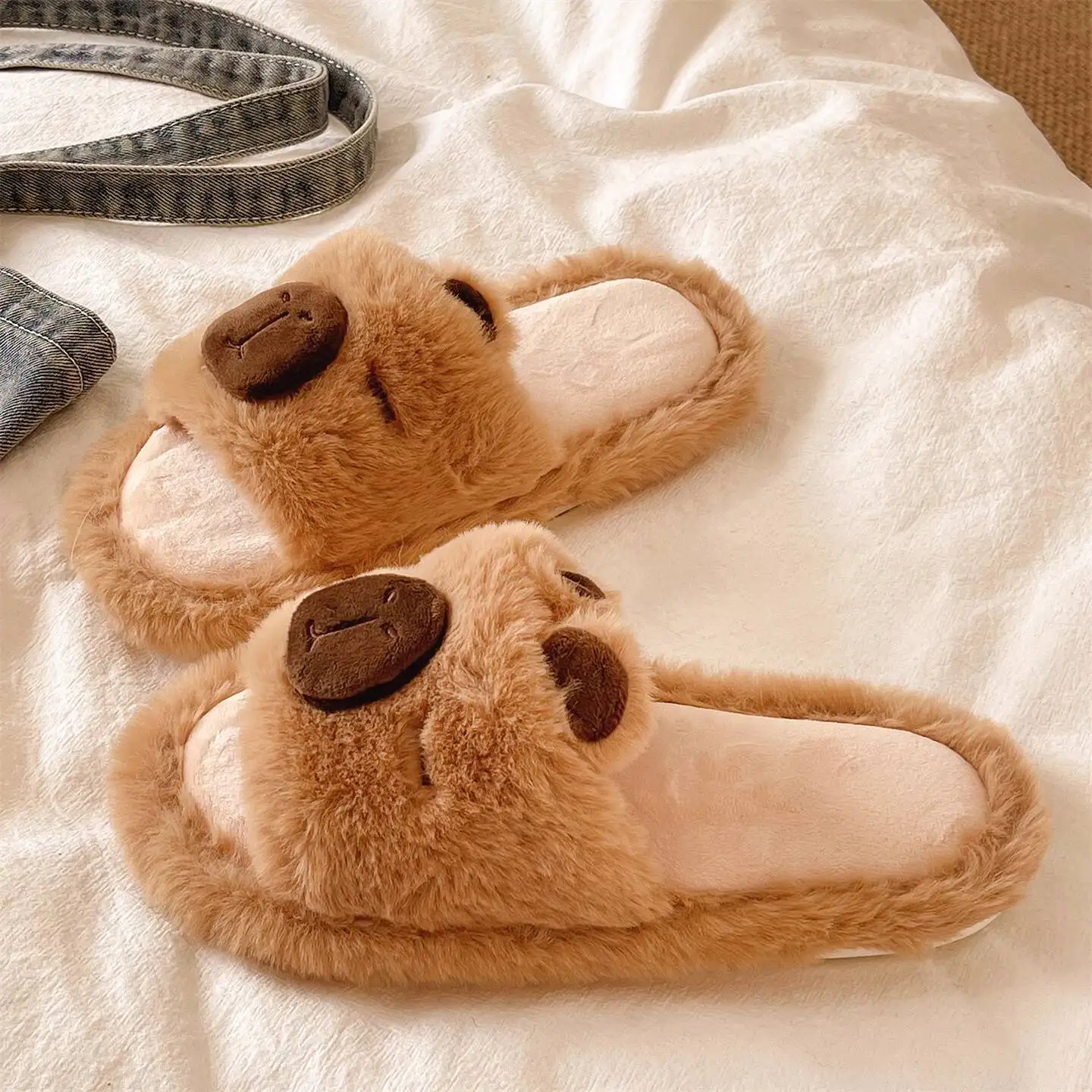 

Cute Capybara Furry Slippers for Women Autumn Winter Warm Indoor Home Shoes Anti Slip Plush