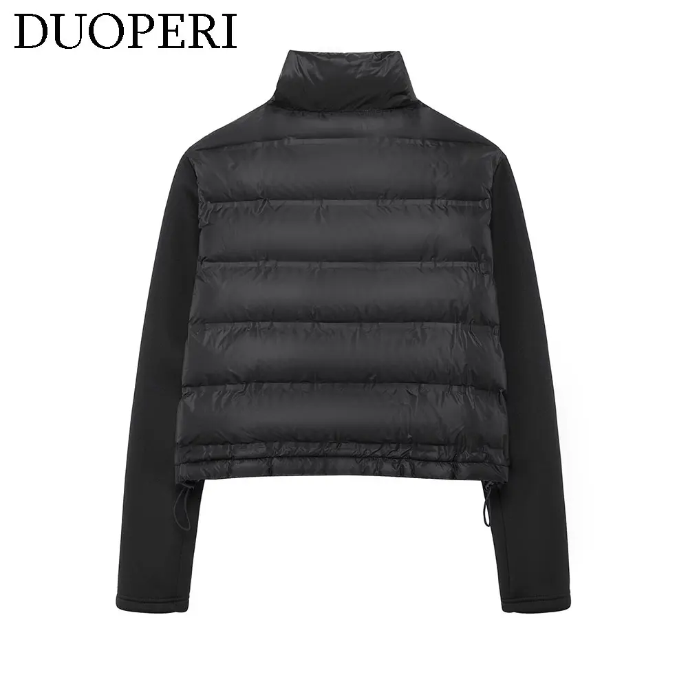 DUOPERI Women Winter Black Patchwork Warm Jacket High Collar Long Sleeves Female Chic Lady Casual Outfits