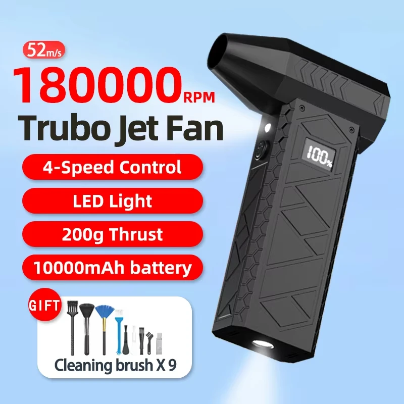 

180000 RPM Air Blower Fan Battery Level Display LED Lighting Handheld Turbo Jet Fan High-Speed Wireless Jet Blower Dust Blowing