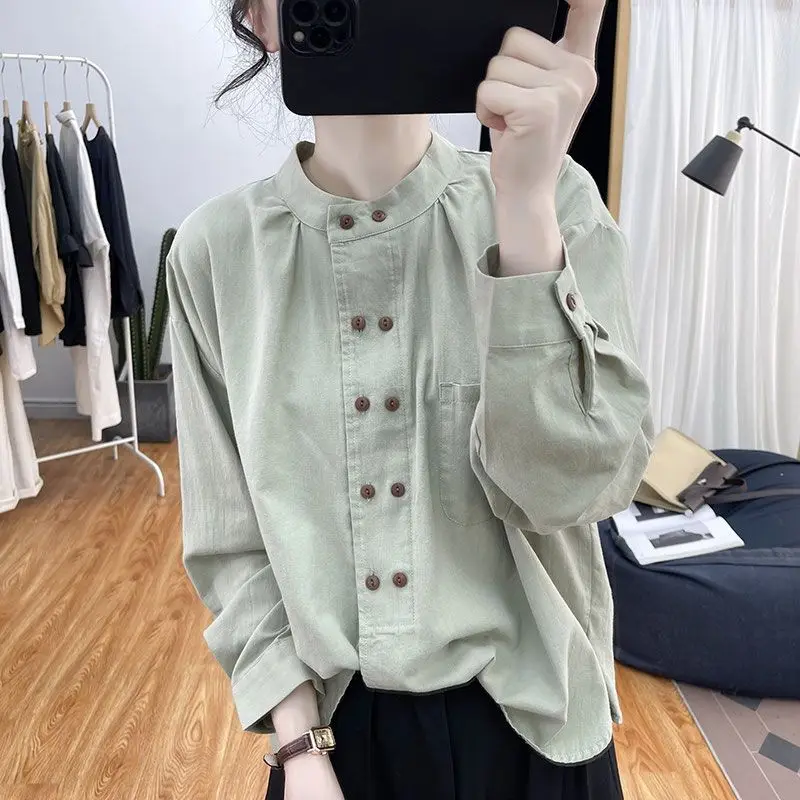 2024 Elegant Fashion Kawaii Shirt Solid Button Pure Cotton Stand Pure Cotton Long Sleeve Tops Women Loose Casual Female Clothes