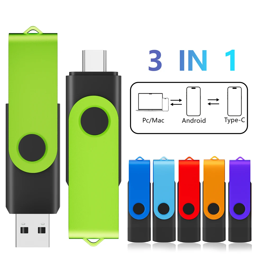 TYPE-C 2in1 USB Flash Drive Rotatable Pen Drive 128GB 64GB 32GB Mobile Phone Memory Stick 16GB 8GB Wedding Gift U Disk Pendrive