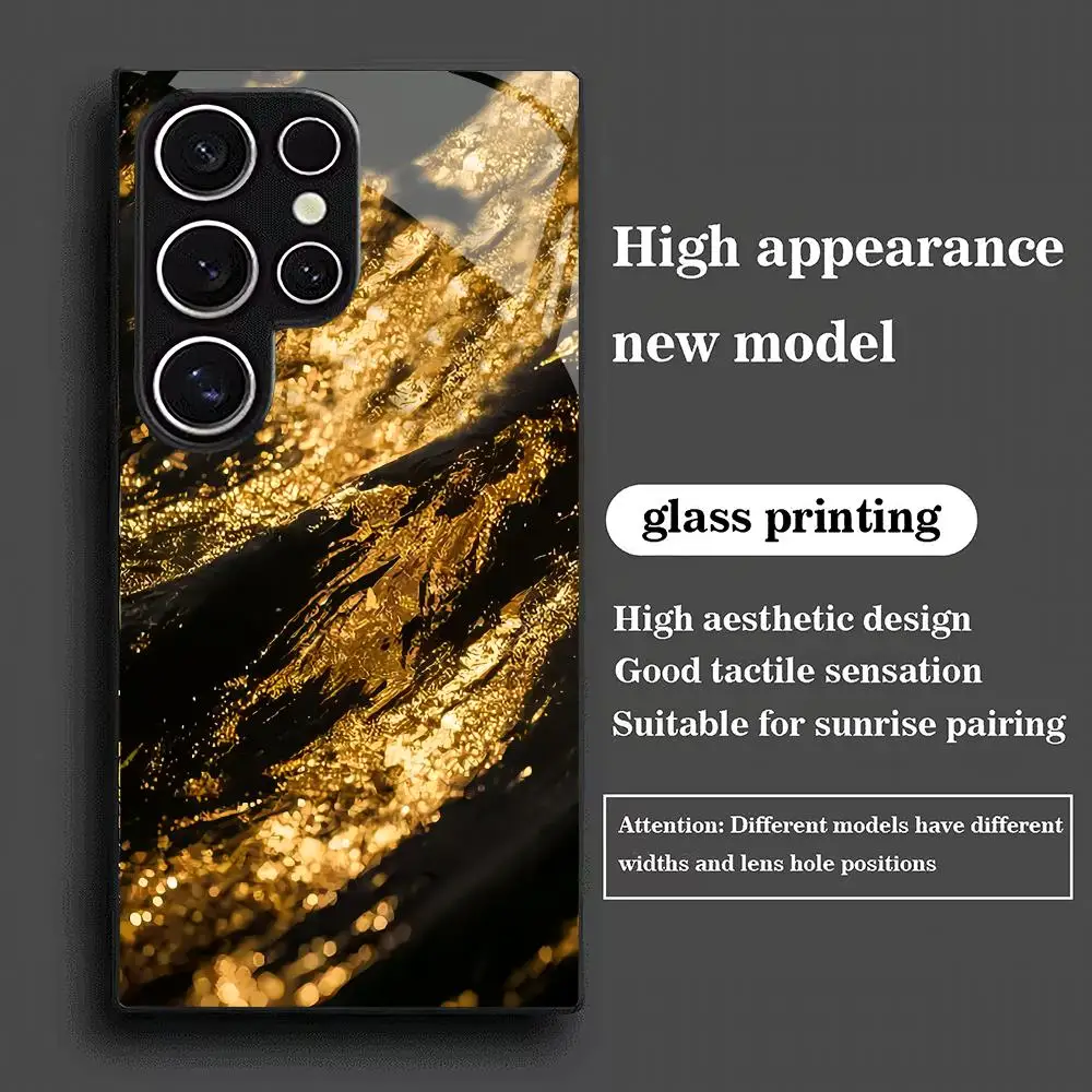 Golden black light luxury tempered glass phone case suitable for Samsung Galaxy S26 S25 S24 S22 S21 S20 FE/Ultra/Plus shockproof