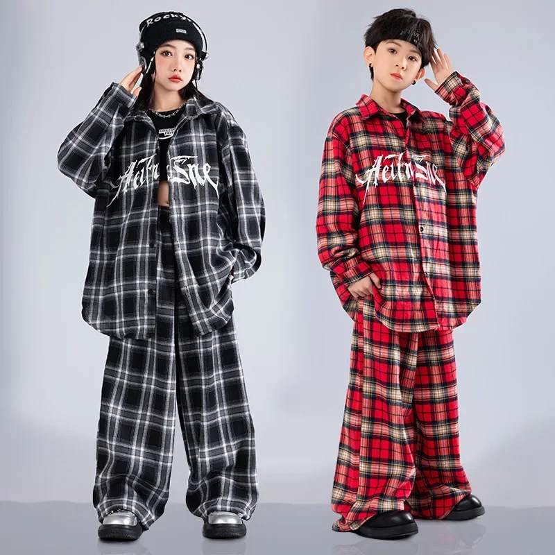 Ensembles Hip Hop pour garçons, chemise à carreaux rouge, pantalons de danse de rue, chemisier K-pop pour filles, pantalons de survêtement Baggy, Streetwear pour enfants, vêtements de Jazz pour enfants