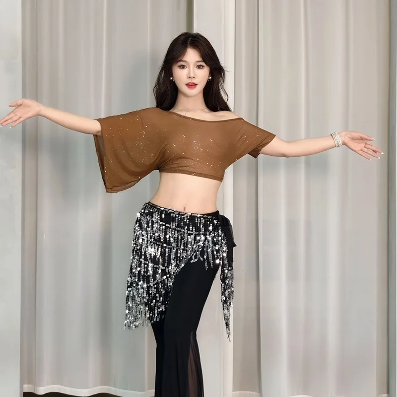 Customized Belly Dance Costume Top 2025 New Sexy Mesh Short Sleeved Workout Suit Eastern Dance Top for Women