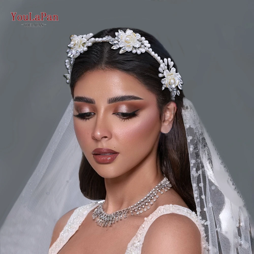 

YouLaPan Bride Pearl Flower Headband Wedding Rhinestome Accessories Head Hoop Princess Hair Jewelry Party Headpieces HP721