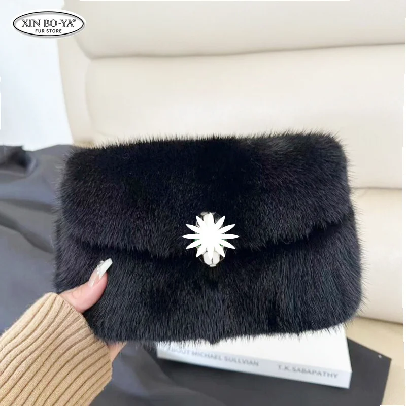 Fashion Mink Fur Handbag Women's Shoulder Bag Small Double Pocket Design Ladies Underarm Bags Y2K Female Handbags Clutch Purse
