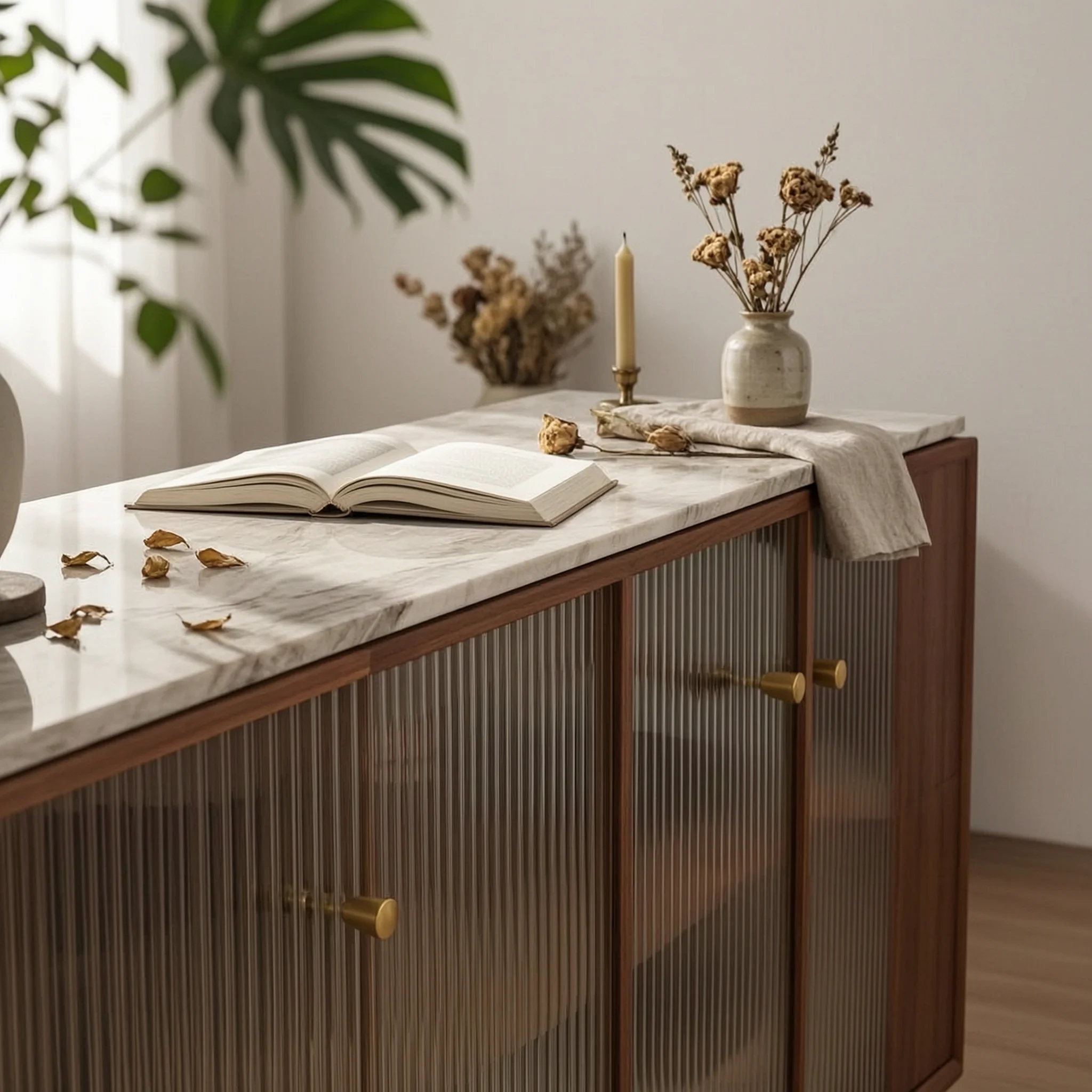 Stepped Cabinet with Sliding Doors Wood-Grain Countertop Cabinet Tabletop Cupboard with Shelves Space-Saving Furniture Modern