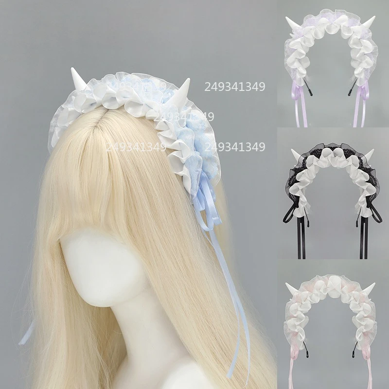 Lolita pequeno dragão chifres bandana doce menina cosplay headwear babados laço arco cocar anime con palco traje acessórios