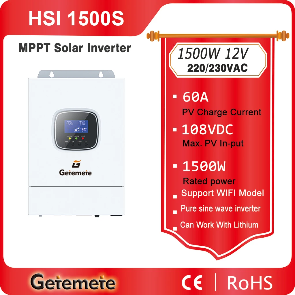 

GTMT 1500W 12V 220V/230VAC Pure Sine Wave Off-Grid Hybrid Inverter MPPT 60A Solar Charger Max PV Input Voltage 108VDC