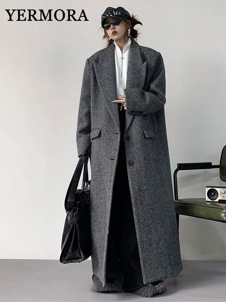 YERMORA Gray Thick Warm Elegant Pockets Wool Coat For Women Lapel Long Sleeve Fashion Tide Autumn Winter 2024 New Clothes