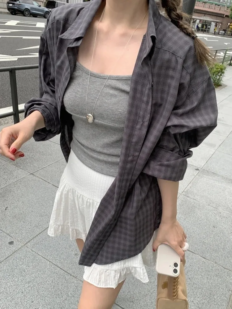 Primavera faion xadrez irt feminino coreano sle casual único botão longo sve turn-down colarinho vintage atarracado cardigan