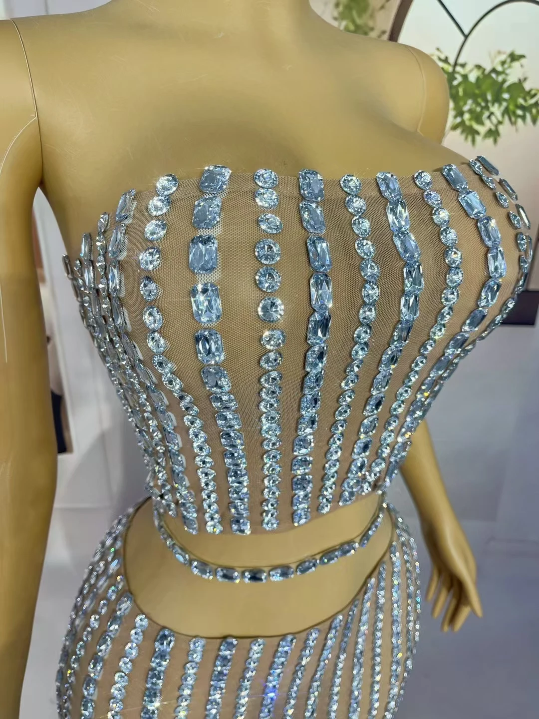 Sparkly Rhinestone High-end Dresses Shining Sheer Mesh Crop Tops Long Skirt 2Pieces Set Nightclub Gala Event Wear Pingxingxian