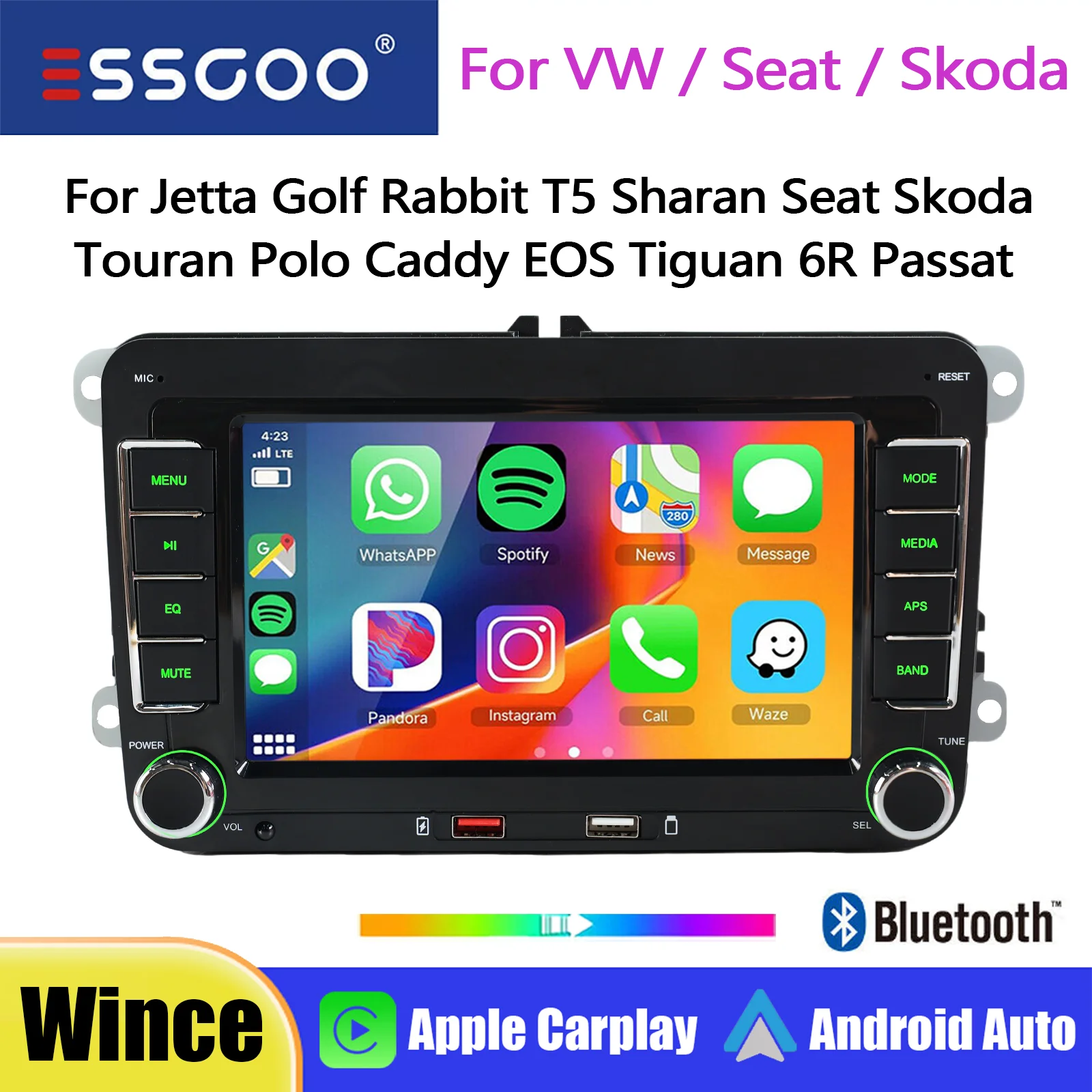 ESSGOO 7-Zoll Wince Autoradio für Seat/Skoda/VW Golf 5 6 Passat Polo Touran Tiguan Rabbit Sharan Caddy EOS T5 mit Wireless Carplay, Android Auto, GPS-Navigation, Dual-USB, RDS, FM, WLAN, Bluetooth,
