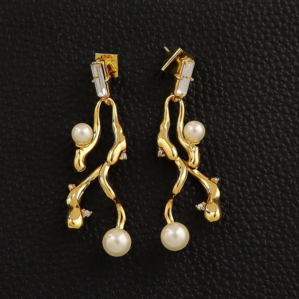 Trendy AB Design Irregular Branch Earrings, Exquisite Niche Light Luxury Earrings Pearl Tassel Earrings