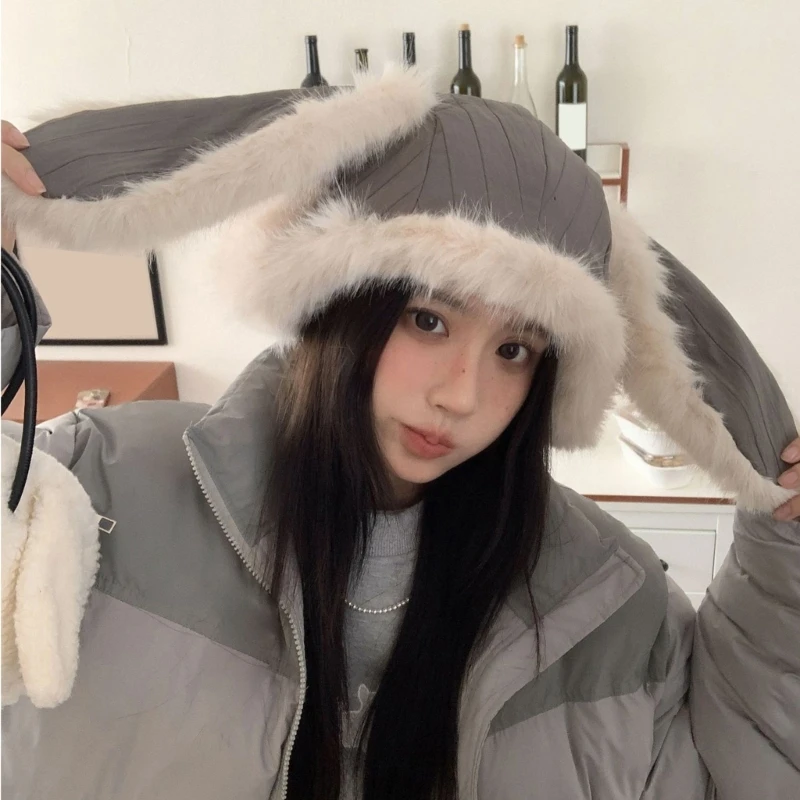 

Fashion Ushanka Hat with Long Rabbit Ears Warm Plush Liner Hat Outdoor Accessory