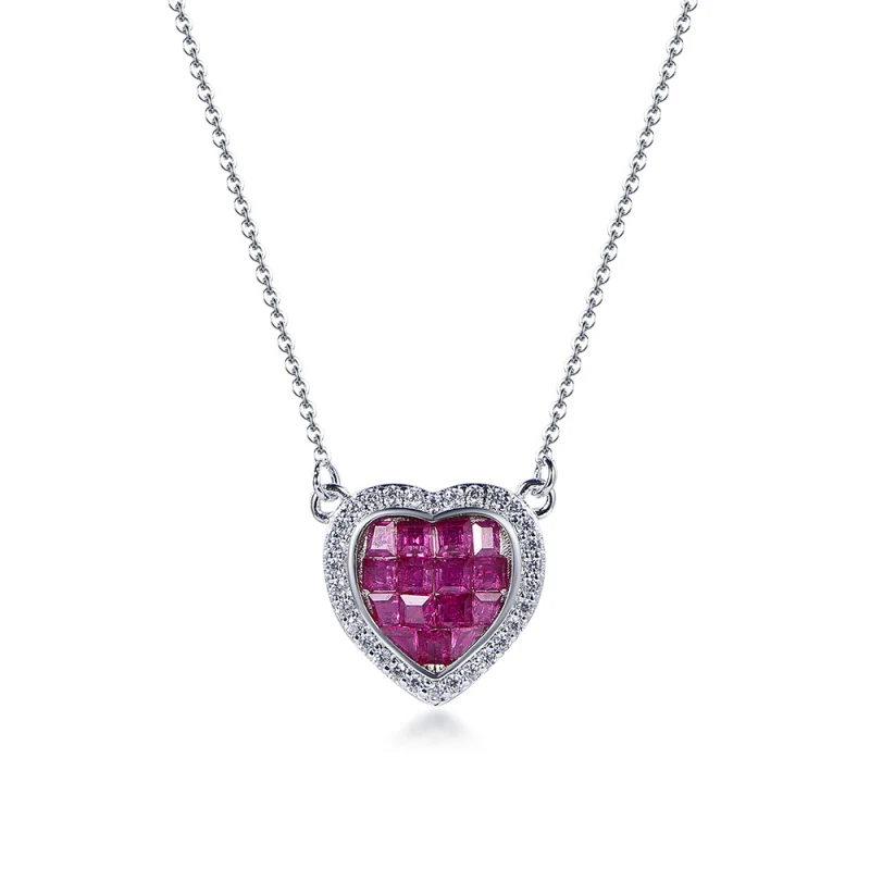 

Popular Invisible Design Silver Zircon Necklace Ruby Diamond Heart Shaped Pendant Necklace