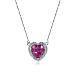 KOSE Popular Invisible Setting Design Silver Zircon Necklace Ruby Diamond Heart Shaped Pendant Charm 925 Sterling Silver Jewelry