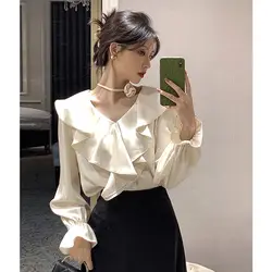 Spring Women Clothes Long Sleeve Flare Sleeve Shirt Pure Thin Ins Chic Elegant French Romantic Fashion Style Ruffled Neck Casual