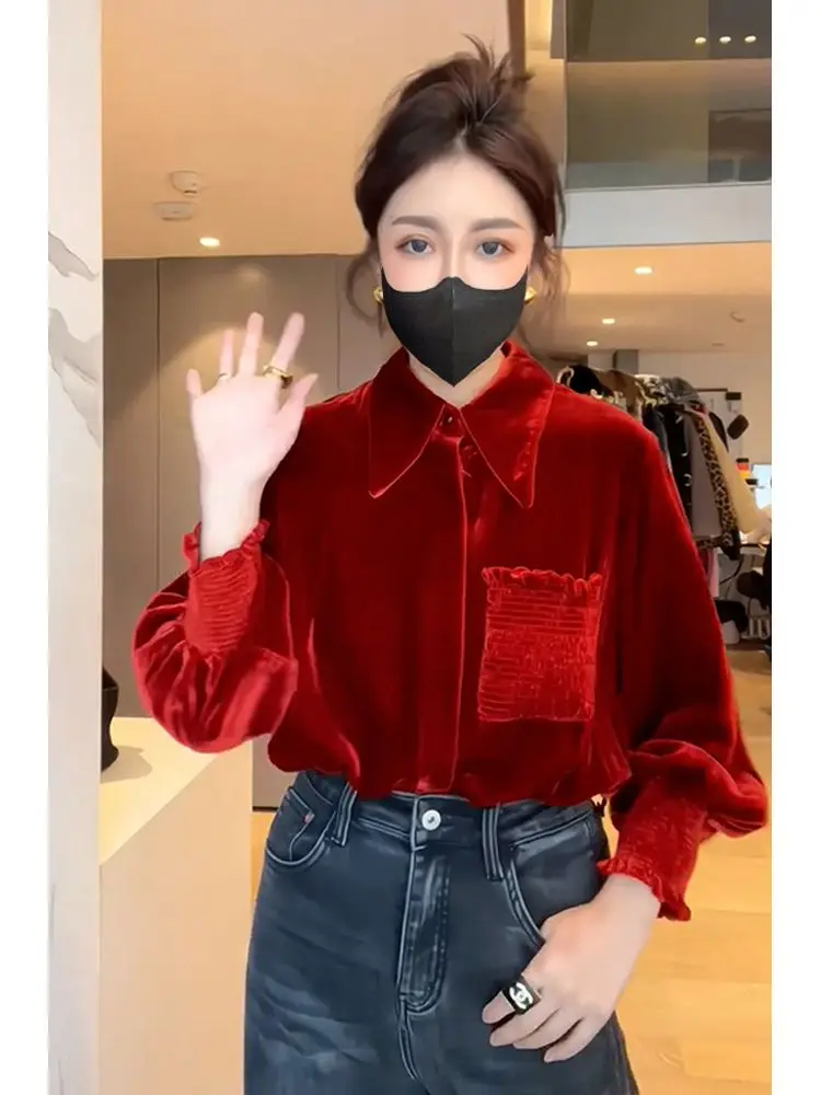 French and Western Style Unique and Exquisite Small Top Super Beautiful Red Velvet Shirt for Women in Autumn and Winter