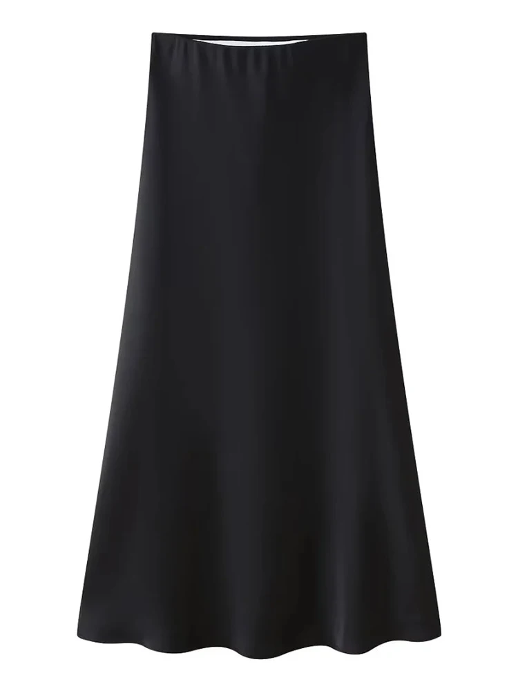 

Women 2024 Summer Elegant Satin Feeling Black Straight Skirts Ladies Casual Elastic High Waist Solid Soft Long Skirt Femme