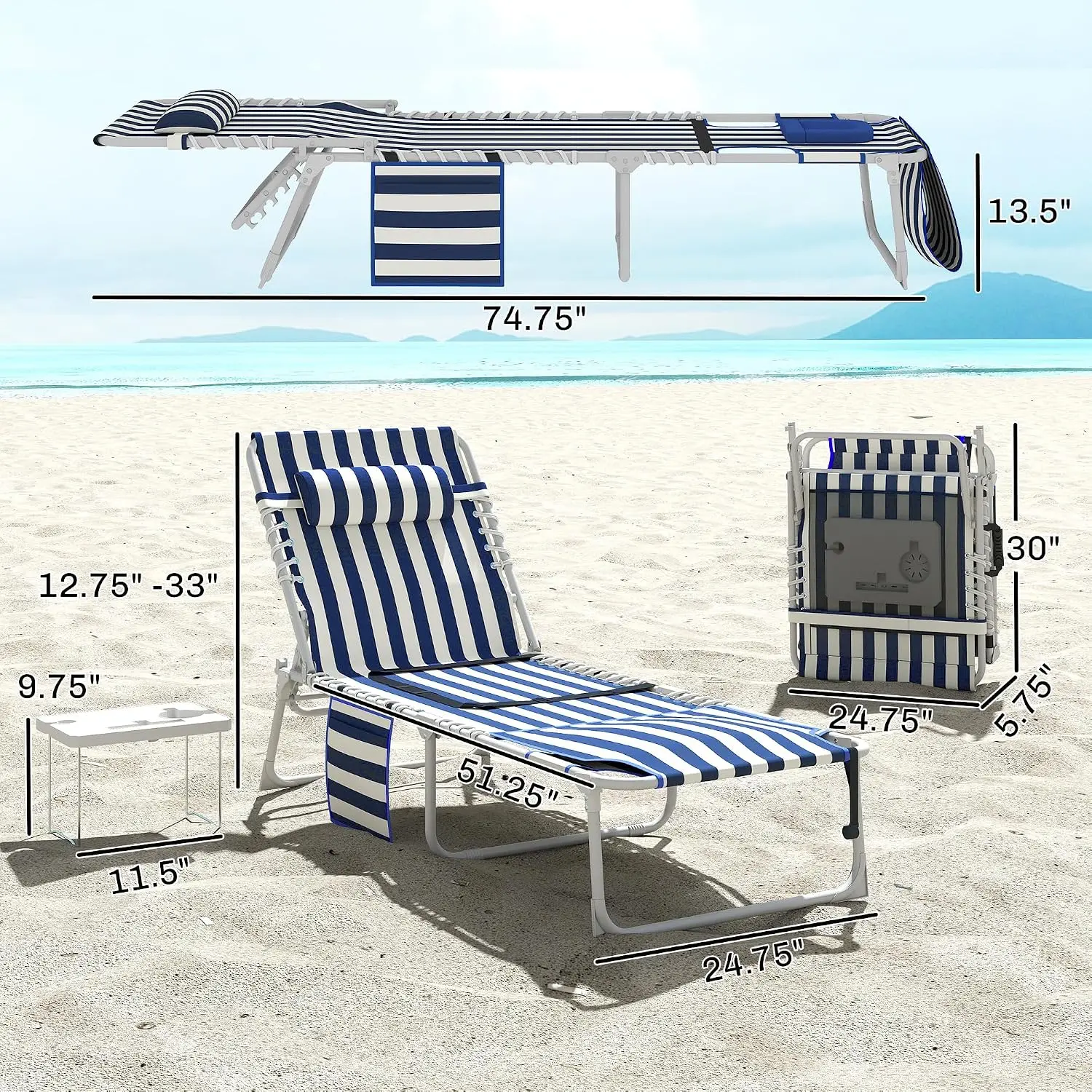 Tanning Chair Set of 2 with Face Hole Oxford Fabric Blue White, Customized