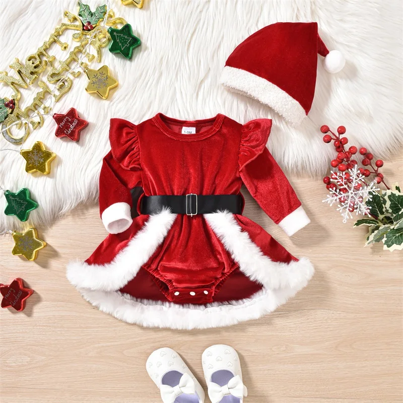 Suefunskry Baby Girls Christmas Romper Terry Trim Round Neck Long Sleeve Belt Bodysuit Hat Newborn Velvet Jumpsuits Costume