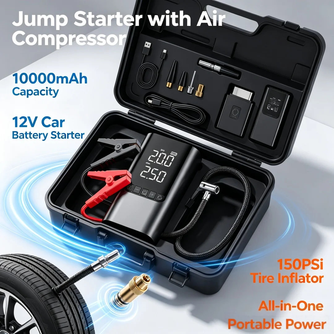 10000mAh Jump Starter 12V Car Battery Starter with 150PSI Air Compressor Tire Inflator Portable Jump Box for Vehicle Tire
