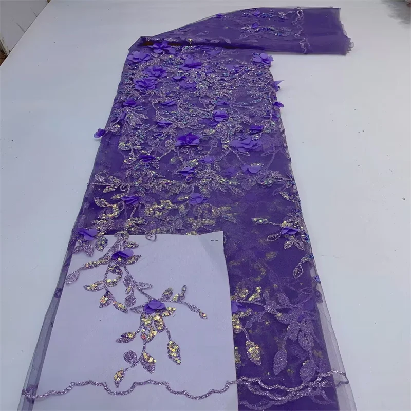 

Latest African Lace Fabric 5 Yards Purple High Quality Swiss Embroidery Nigerian 3D Flower Tailoring Material French Tulle Lace