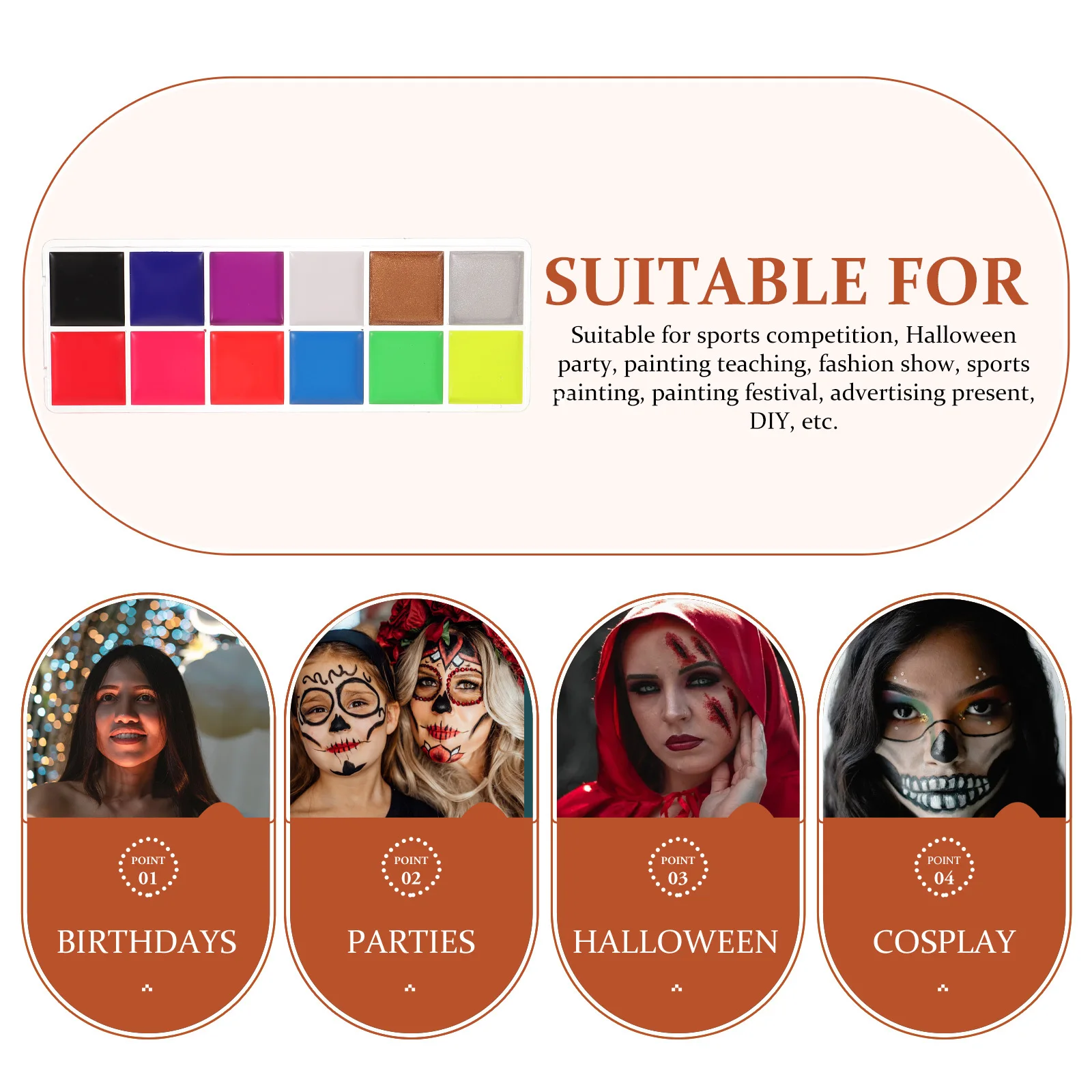 

12 Color Fluorescent Face Paint Oil Based Greasepaint Halloween Body Art Painting National Flag Colors Long Lasting Easy To