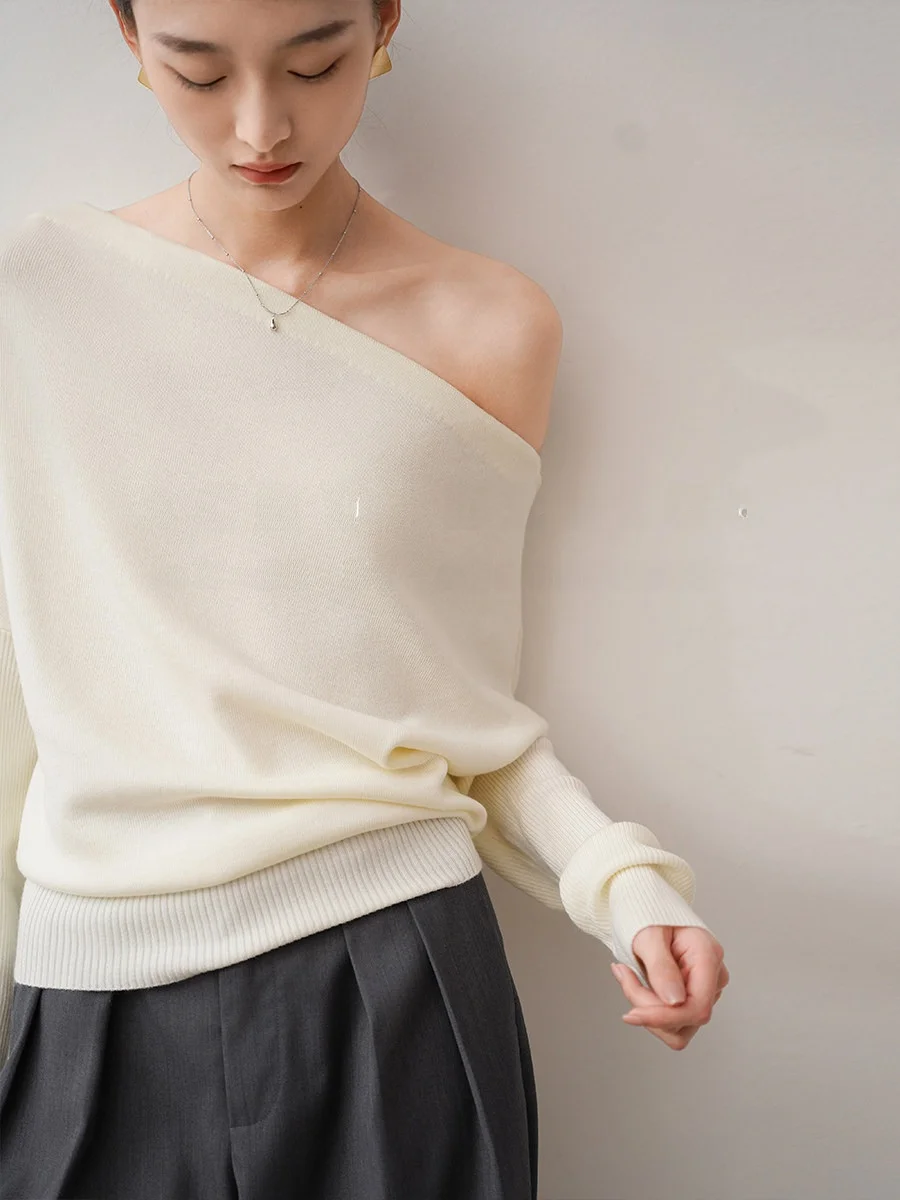 

Женский вязаный свитер Ele White с одним открытым плечом, повседневный свободный крой, длинный рукав «летучая мышь»