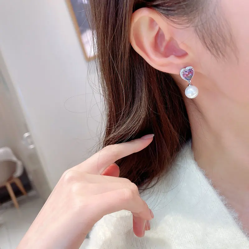 Purple heart-shaped zircon stud s925 silver needle sweet pearl fashionable and elegant high-end earrings
