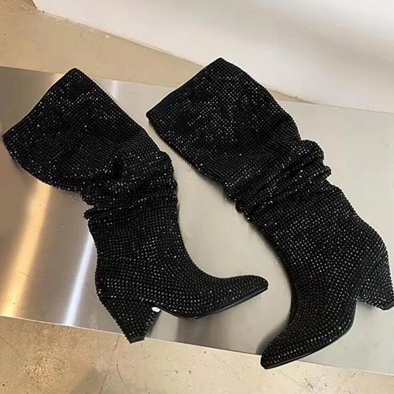 

Bling Bling Rhinestone Wedge Boots Black Silver Crystal Glitter Wedged Heels Knee High Boots Size 43 Women Winter Runway Shoes