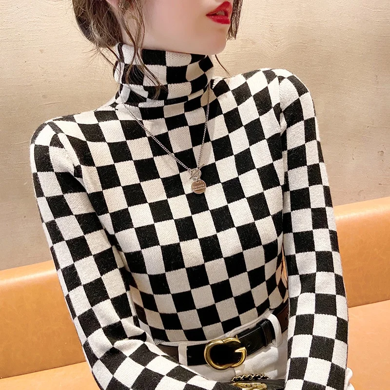 

2023 New Vintage Plaid Turtleneck Sweater Women Autumn Winter Contrast Color Elegant Women's Pullover Sweaters Knitted Jumpers