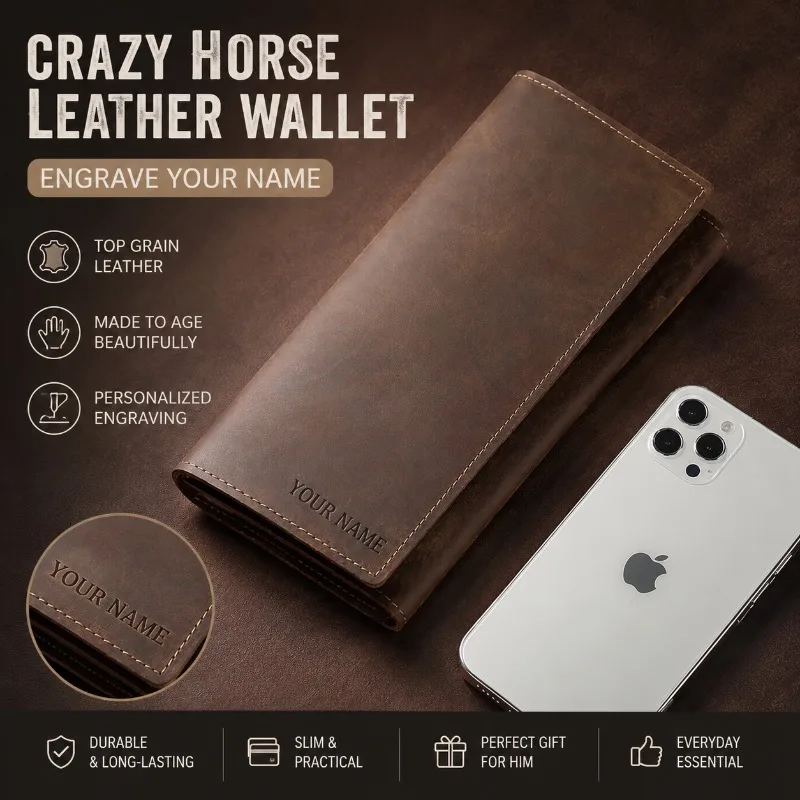 Retro Crazy Horse Leather Long Trifold Wallet Can Put Mobile Phone Custom Engraved Logo Name Multi Card Leather Handbag For Men