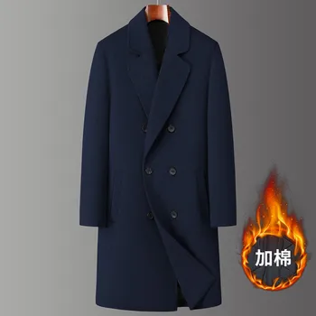 Men's Double-Breasted Wool Coat 4 2024 Winter New Men's Medium to Long Woolen Coat with Thick Velvet and Warm Double breasted Casual Coat 4