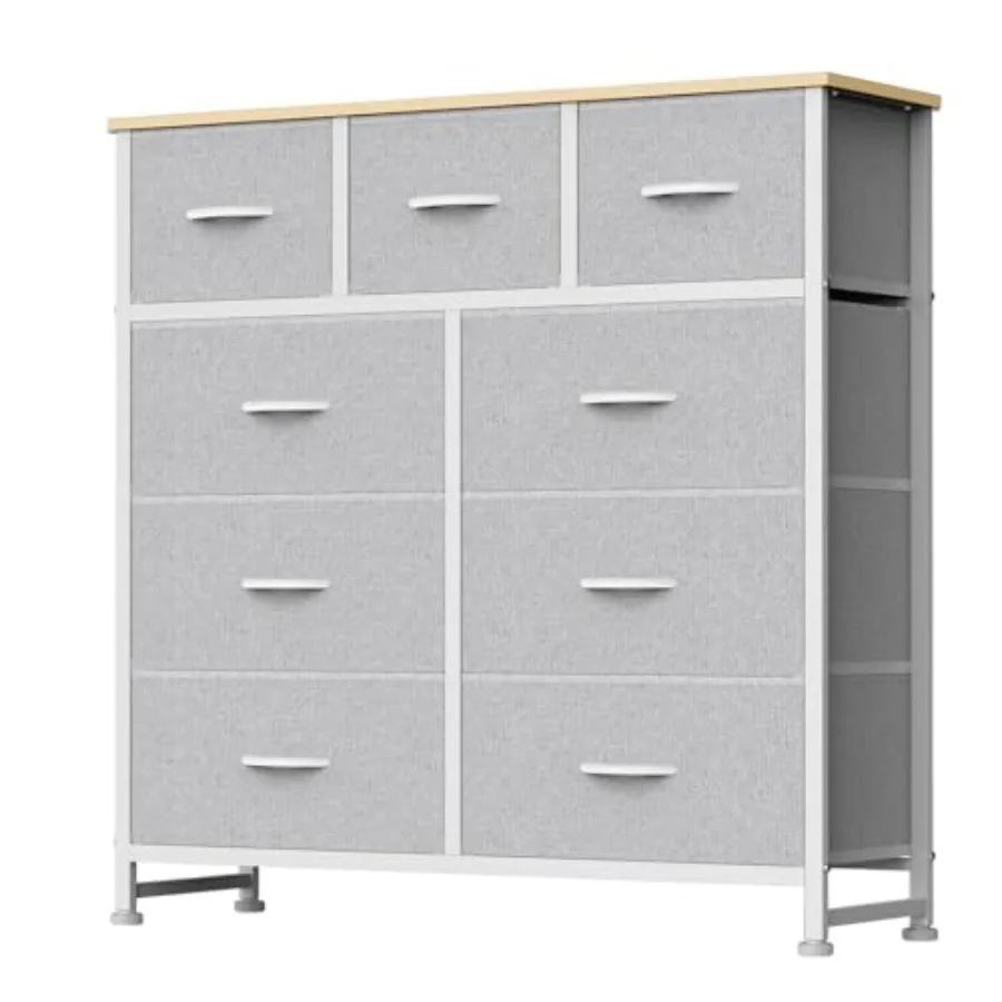 

9 Drawer Dresser for Bedroom, Fabric Storage Organizer with Sturdy Metal Frame, Wooden Top Chest of Drawers for Closet Entryway