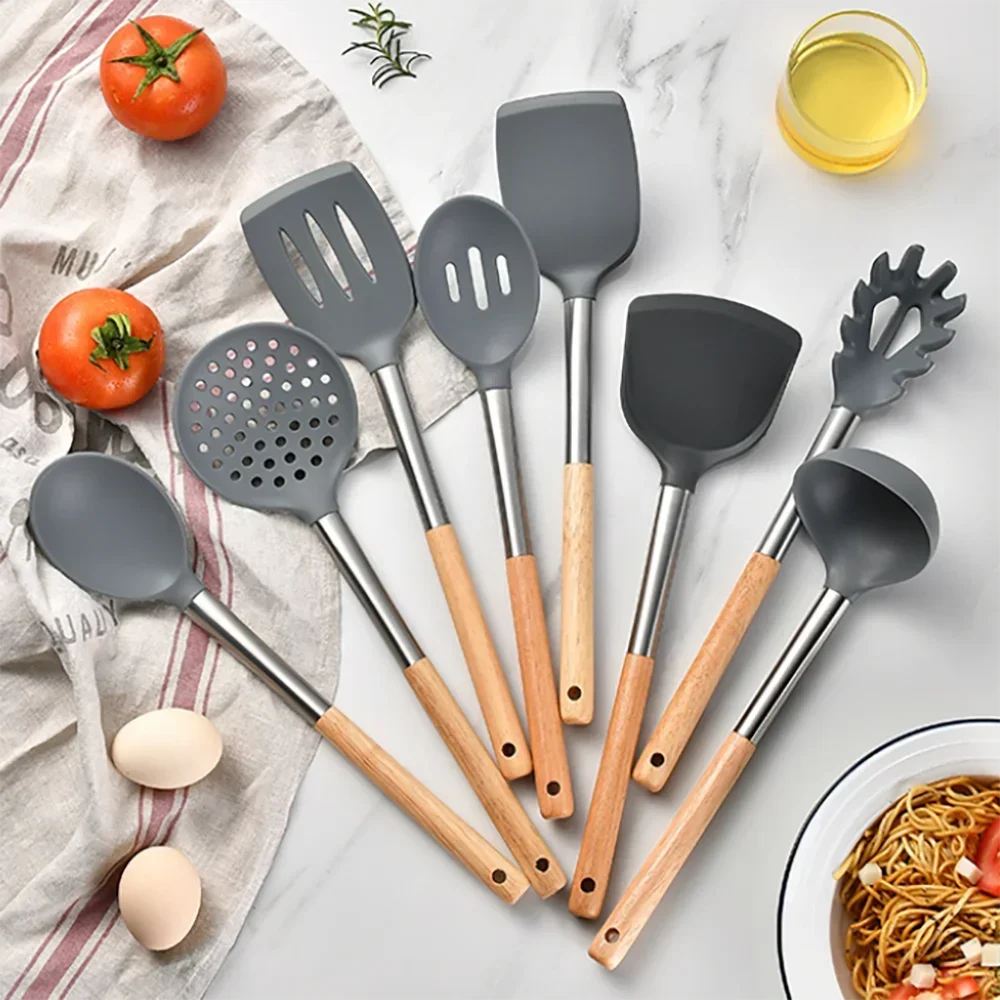 

Silicone Kitchen Utensils Spatula Shovel Soup Spoon Cooking Tool Non-Stick Wood Handle Kitchen Gadgets Beaters Kitchenware
