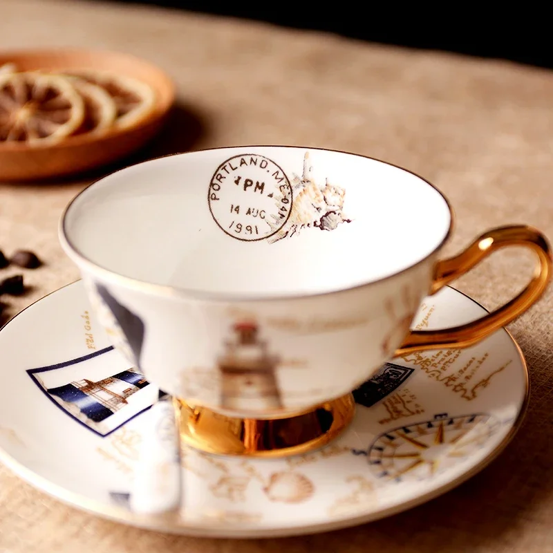 

Retro Stamp Bone China Tea Cup Saucer Spoon Set 200ml Europe Advanced Porcelain Coffee Cafe Ceramic Teacup Dropshipping