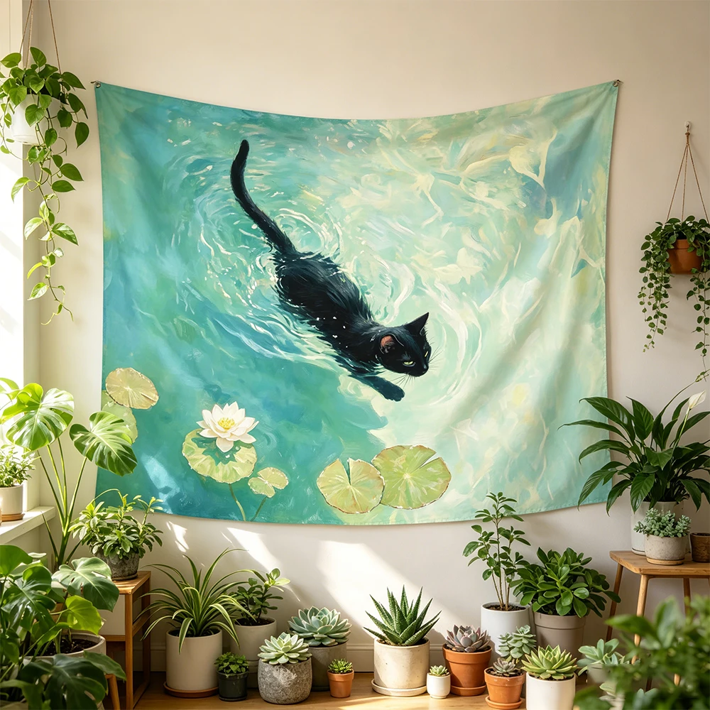 Swimming Black Cat Tapestry, Water Lily Pond Aesthetic Wall Hanging, Cute Cat Art Tapestry for Bedroom Living Room Dorm Decor