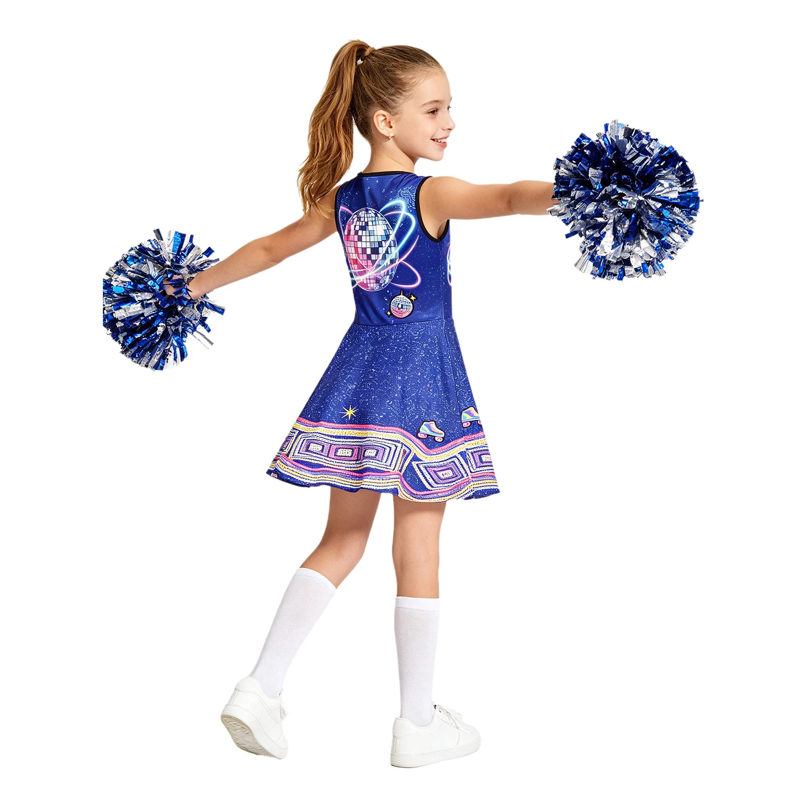 Kids Girls Students Cheerleading Dance Uniform Modern Dancewear Sleeveless Printed Tutu Dress for Stage Performance Competitions